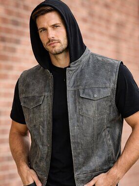 Men's Distressed Gray Hooded Leather Vest Motorcycle Club Concealed Carry